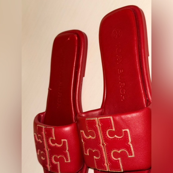 Tory Burch Red Gold Double T Logo Slide Sandals Size 6.5 - Picture 6 of 16